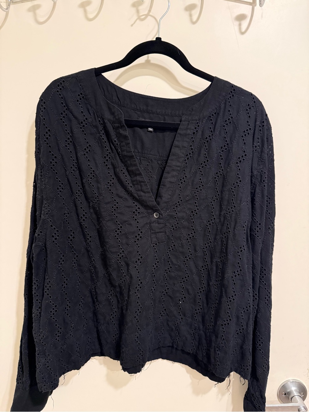 Linen Blend Black Eyelet Long Sleeve Popover Top
